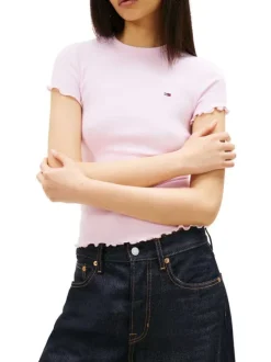 T-shirt en coton rose uni avec une coupe moulante et un col rond