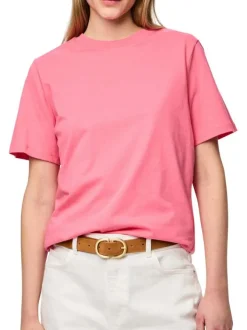 T-shirt en coton rose uni basic à col rond avec une coupe droite