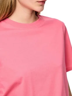 T-shirt en coton rose uni basic à col rond avec une coupe droite