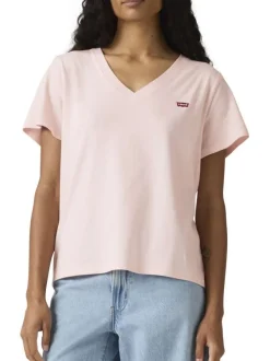 T-shirt en coton rose uni à coupe ajustée pourvu d'un col v côtelé