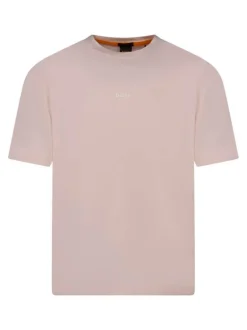 T-shirt en coton rose uni à coupe droite avec col rond et logo blanc imprimé