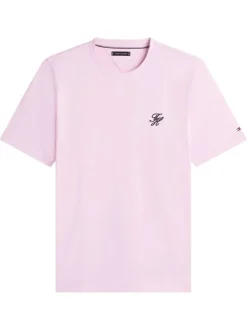 T-shirt en coton rose uni pourvu d'un col rond et de manches courtes