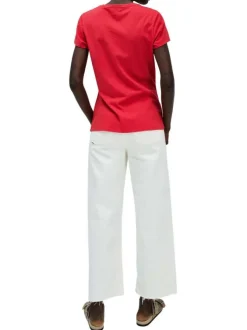 T-shirt en coton rouge chiné et imprimé à l'avant avec des strass et un col rond