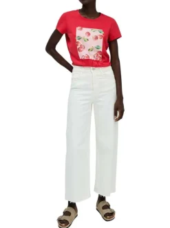 T-shirt en coton rouge chiné et imprimé à l'avant avec des strass et un col rond