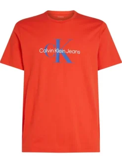 T-shirt en coton rouge imprimé à la poitrine à col rond avec une coupe droite
