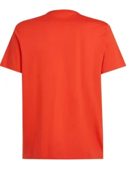 T-shirt en coton rouge imprimé à la poitrine à col rond avec une coupe droite