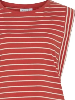 T-shirt en coton rouge rayé avec une coupe droite et un col rond