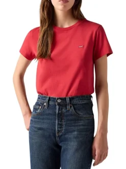 T-shirt en coton rouge uni avec une coupe ajustée un col rond et le logo brodé
