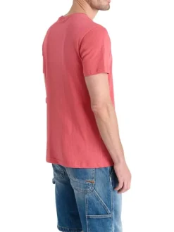 T-shirt en coton rouge uni à coupe droite et à col rond avec une poche