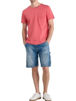 T-shirt en coton rouge uni à coupe droite et à col rond avec une poche