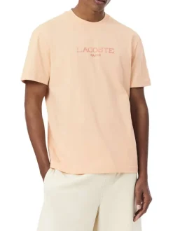 T-shirt en coton saumon à coupe droite pourvu d'un col rond texturé