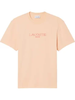 T-shirt en coton saumon à coupe droite pourvu d'un col rond texturé