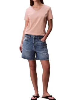 T-shirt en coton saumon uni avec une coupe droite et un col v