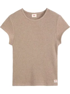 T-shirt en coton taupe en maille gaufrée pourvu d'une coupe droite