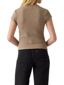 T-shirt en coton taupe en maille gaufrée pourvu d'une coupe droite