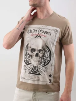 T-shirt en coton taupe imprimé crâne avec une coupe droite et un col rond