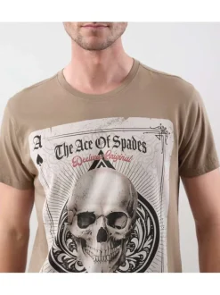 T-shirt en coton taupe imprimé crâne avec une coupe droite et un col rond