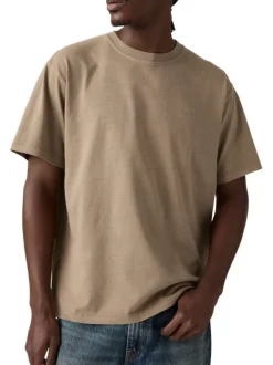 T-shirt en coton taupe uni avec col rond et des manches courtes
