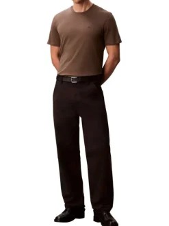 T-shirt en coton taupe uni coupe ajustée col rond avec un logo brodé