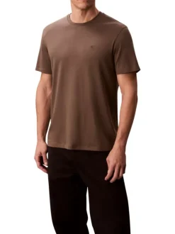 T-shirt en coton taupe uni coupe ajustée col rond avec un logo brodé