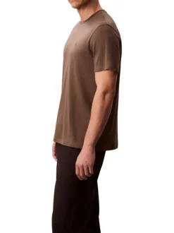 T-shirt en coton taupe uni coupe ajustée col rond avec un logo brodé