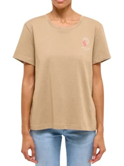T-shirt en coton taupe uni pourvu d'une coupe droite et d'un col rond