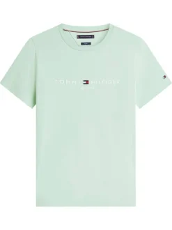 T-shirt en coton vert d'eau à coupe droite pourvu d'un col rond finement côtelé