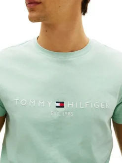 T-shirt en coton vert d'eau à coupe droite pourvu d'un col rond finement côtelé