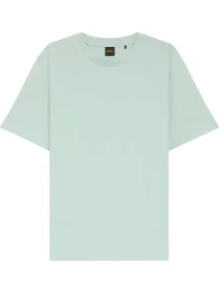 T-shirt en coton vert d'eau à coupe droite pourvu d'un col rond lisse