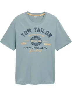 T-shirt en coton vert d'eau imprimé orange avec coupe regular et col rond