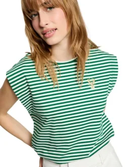 T-shirt en coton vert à rayures pourvu d'une coupe droite et d'un col rond