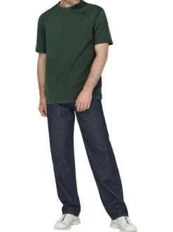 T-shirt en coton vert sapin uni à coupe droite avec un col rond