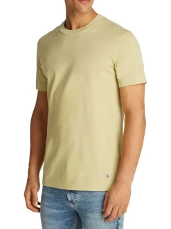 T-shirt en coton vert tilleul uni avec un col rond et un petit patch écru