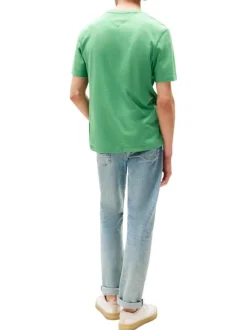 T-shirt en coton vert uni à col rond avec le logo brodé en petit