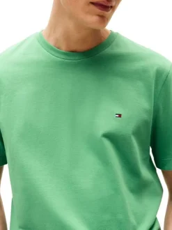 T-shirt en coton vert uni à col rond avec le logo brodé en petit