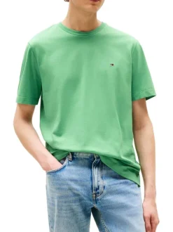 T-shirt en coton vert uni à col rond avec le logo brodé en petit