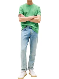 T-shirt en coton vert uni à col rond avec le logo brodé en petit