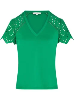 T-shirt en coton vert uni pourvu d'une coupe droite et d'un col en V