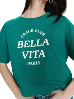 T-shirt en coton vert uni pourvu d'une coupe large et d'un col rond