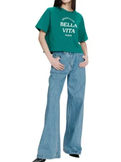 T-shirt en coton vert uni pourvu d'une coupe large et d'un col rond