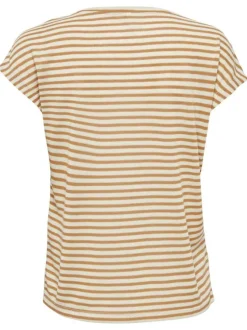 T-shirt en lin beige à rayures horizontales avec coupe droite et col v
