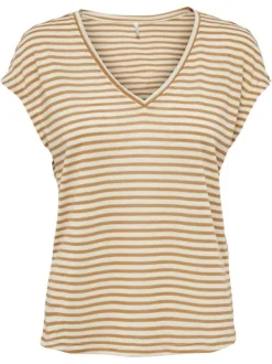 T-shirt en lin beige à rayures horizontales avec coupe droite et col v