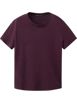 T-shirt en lin bordeaux uni pourvu d'une coupe droite et d'un col rond
