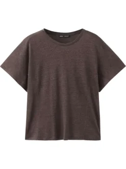 T-shirt en lin chocolat uni pourvu d'une coupe droite et d'un col rond