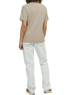 T-shirt en lin et coton beige uni avec une coupe droite et un col rond