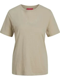 T-shirt en lin et coton beige uni avec une coupe droite et un col rond