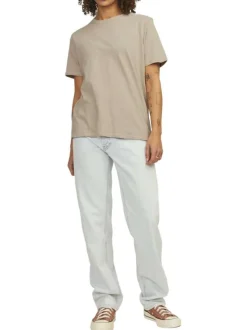 T-shirt en lin et coton beige uni avec une coupe droite et un col rond