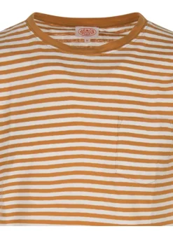 T-shirt en lin et coton orange rayé avec une coupe droite et un col rond
