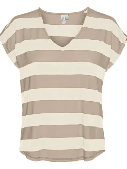 T-shirt en lin mélangé écru rayé avec une coupe droite et un col v