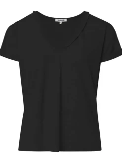 T-shirt en lin noir uni avec un col v une coupe droite et des manches courtes